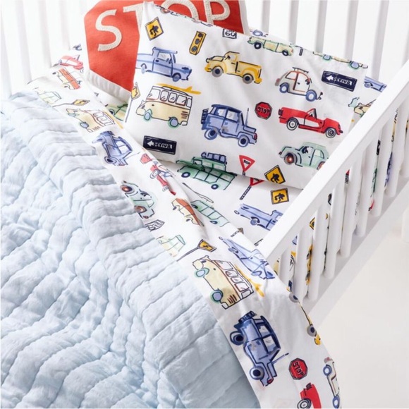 Crate‎ & Barrel Organic Cars Toddler Sheet Set - Picture 1 of 3